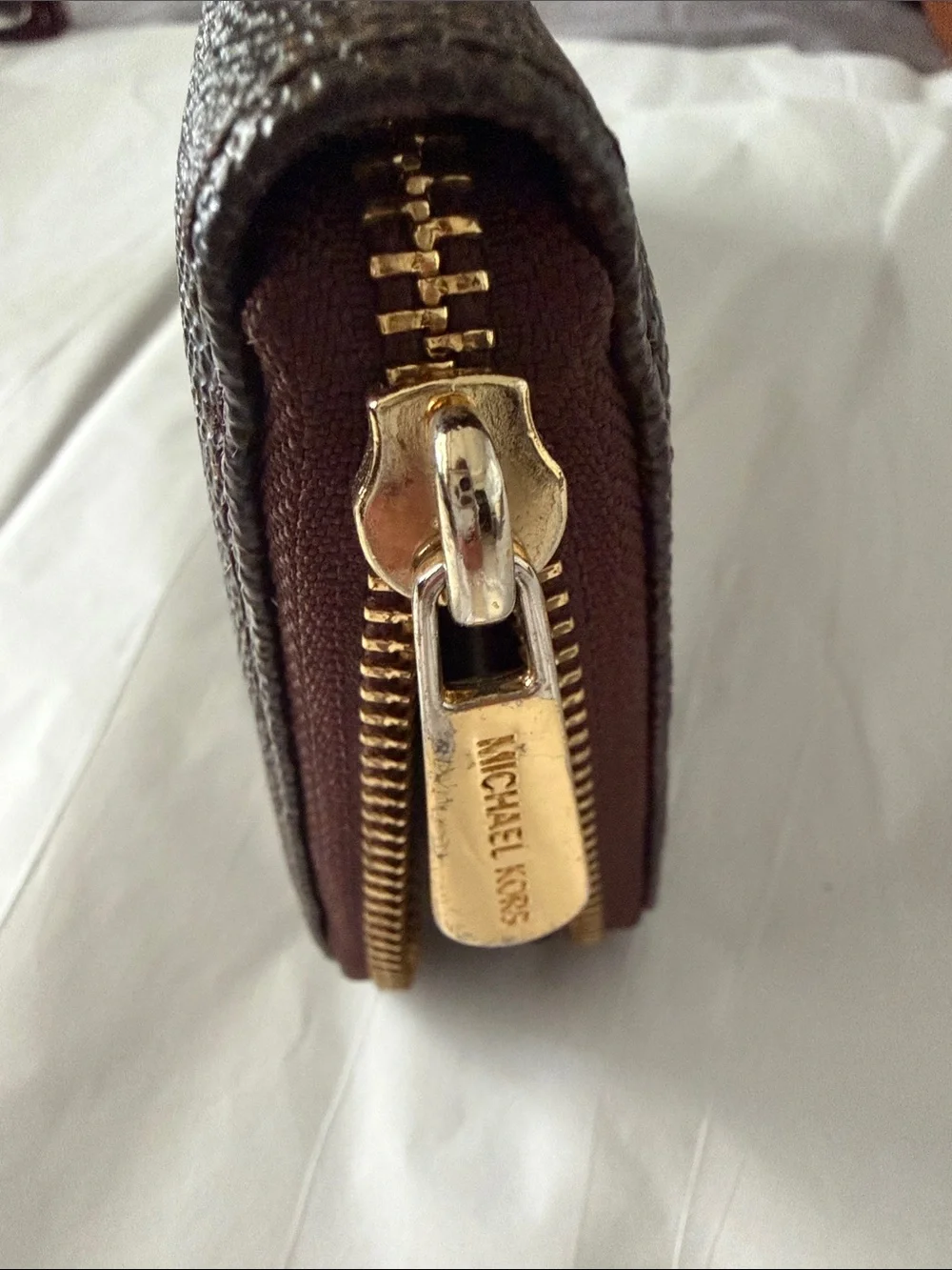 Michael Kors Dark Brown Signature Zip Wallet with Gold Plate